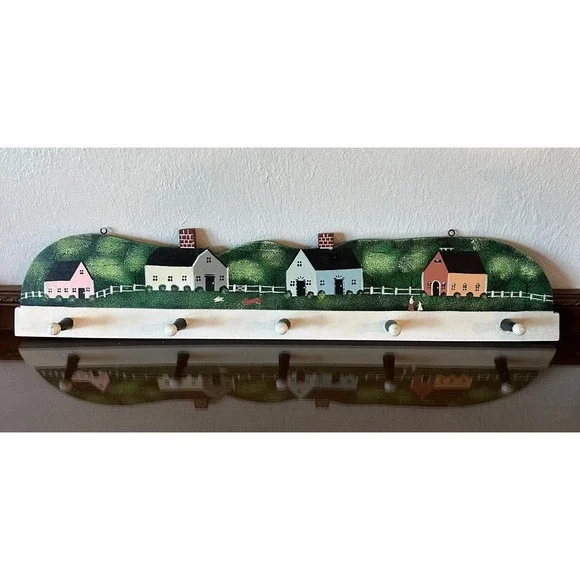 Vintage Folk Art Hand Painted Wood Wall Rack 5 Peg Village Scene Key Coat Hanger
