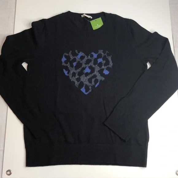 NEW Kate Spade Black Pullover Sweater Silver Blue Leopard Valentine Heart Small