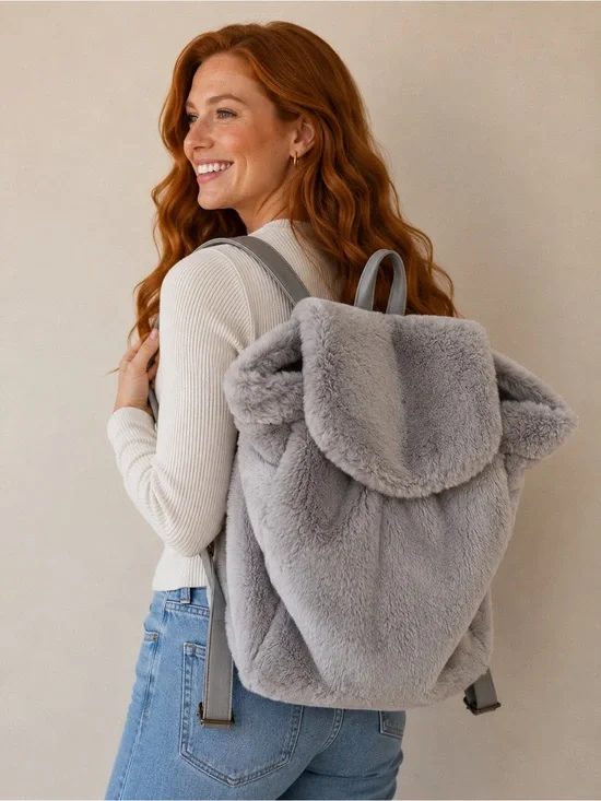 Plush Faux-Fur Backpack - Gray