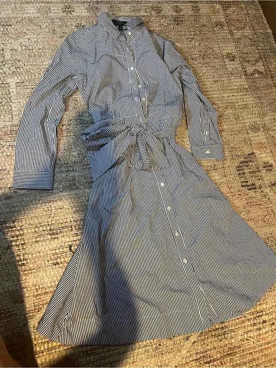 NWT J.Crew Tie-Waist Shirtdress Pockets Striped Cotton Poplin Blue White Size 4