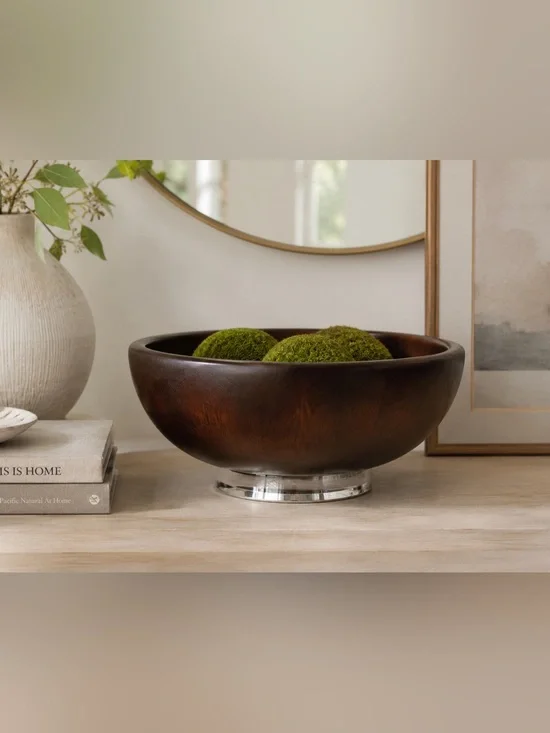Atticus Large Wood Salad Serving Bowl Silver Chrome Pedestal Base 14”