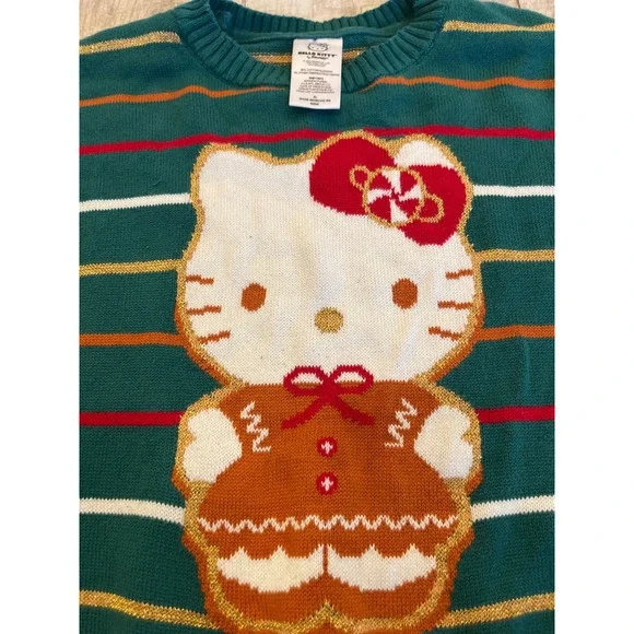 Hello Kitty Sanrio Kids XL Green Striped Gingerbread Christmas‎ Holiday Sweater