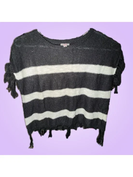 Justice Girls Medium Black White Striped Fringe Poncho Sweater