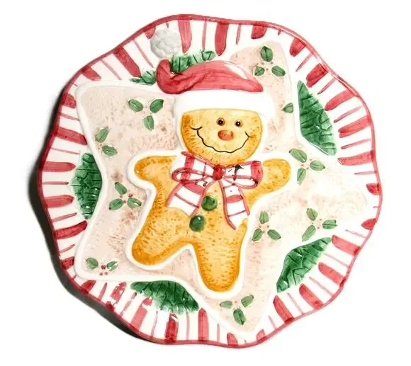 Gingerbread Ceramic Serving Platter Round 11.5 inches Peppermint Border Holiday