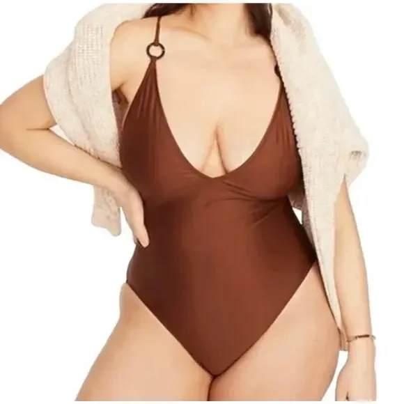 J.Crew O-Ring V-Neck One-Piece Swimsuit Women's 10 Brown Cheeky‎