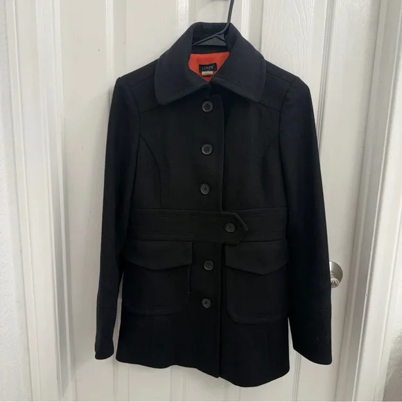 J. Crew Black Wool Blend Pea Coat with Button Front