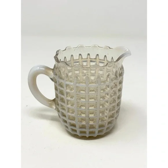 Beatty Waffle Opalescent Glass Creamer Antique 3 inch Victorian EAPG
