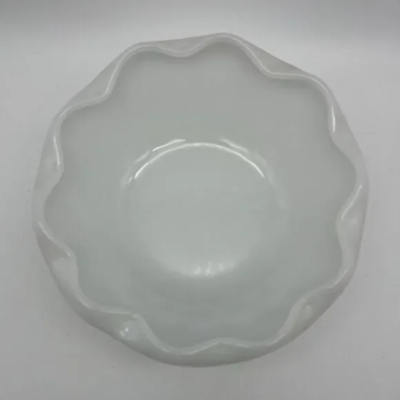 White Glass Scalloped Edge Bowl with Diamond Pattern, Round, 6 Inch