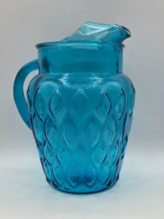 Vtg Anchor Hocking Madrid Laser Blue MCM Teardrop Glass Water Pitcher Ice Lip