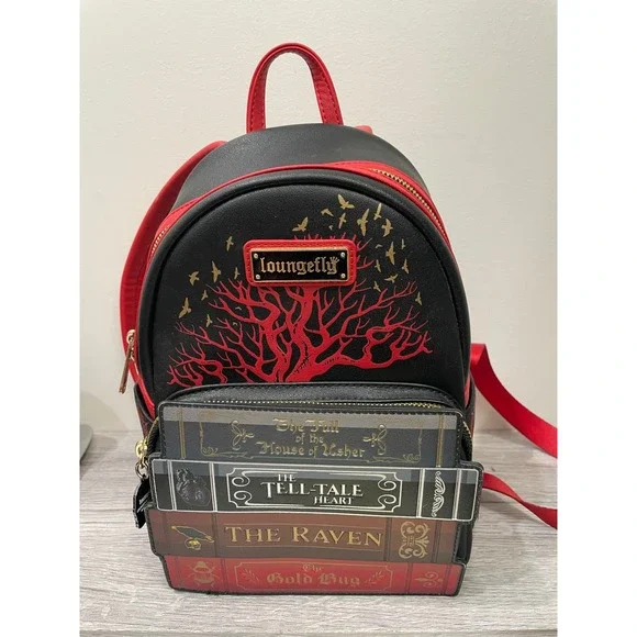 Loungefly Edgar Allan Poe Book Stack Mini Backpack Black Red Gothic Raven Skull