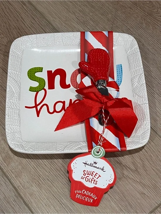 Hallmark White Dessert Plate with Red Mitten Spreader and Ribbon