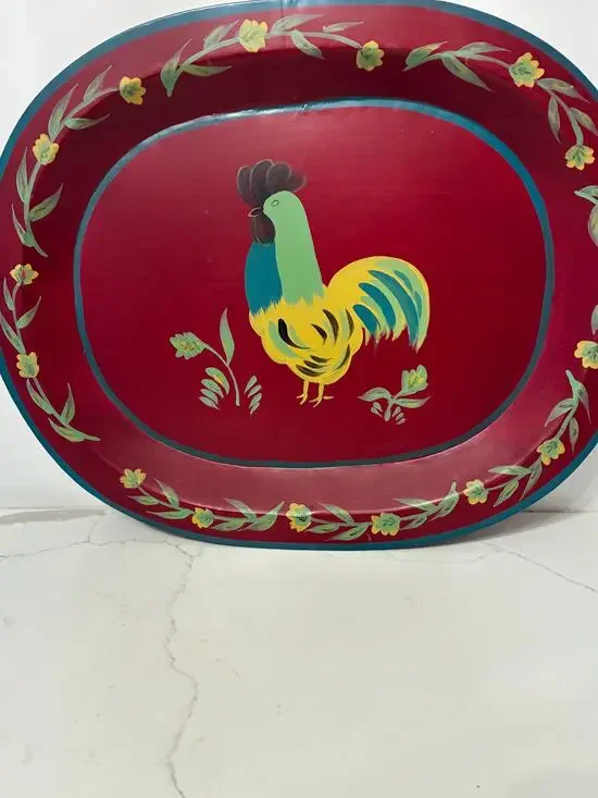 Tole Rooster Serving Tray Metal Oval Painted Red Large Vintage Farmhouse Cottage