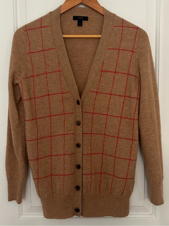 J Crew wool cashmere blend windowpane plaid cardigan Small tan red v neck