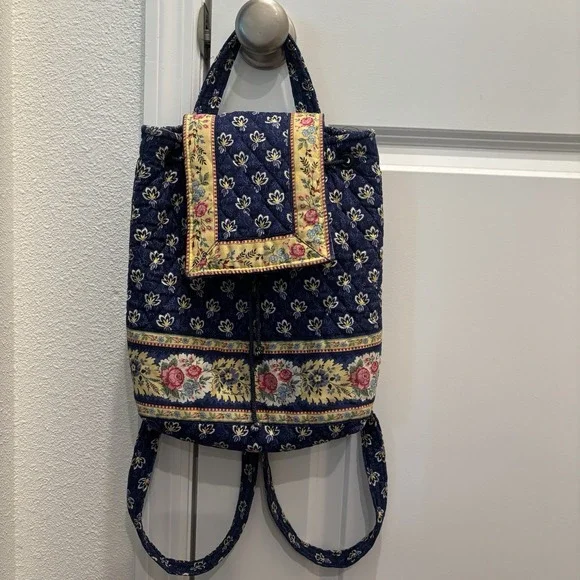 Vera Bradley Maison Blue Yellow Floral Backsack Drawstring Backpack Bag Purse