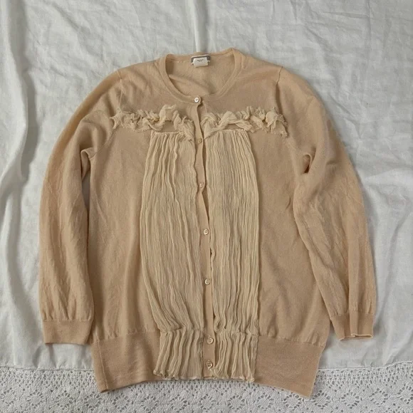 J Crew MEDIUM Peach 100% Cashmere Button Down Ruffle Cardigan Sweater tan cream