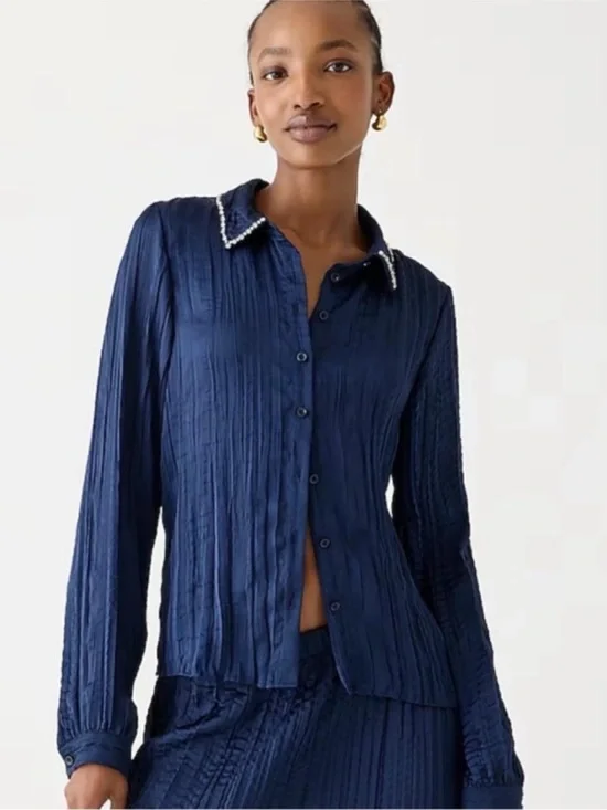 NWOT J Crew navy satin embellished collar top small
