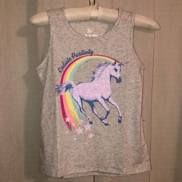 Justice 10 Gray Sleeveless Tank Unicorn Rainbow Glitter Radiate Positivity