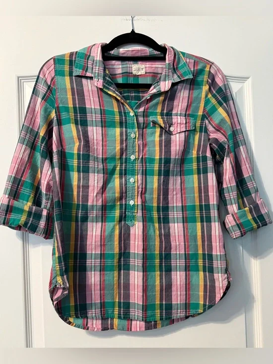 J. Crew 100% Cotton Pink, Green & Yellow Plaid Button-Down - The Perfect Shirt