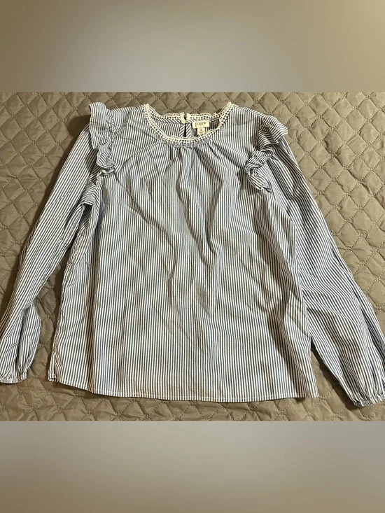 J Crew 100% Cotton Blue & White Stripe Ruffled Long-Sleeve Top Size Small