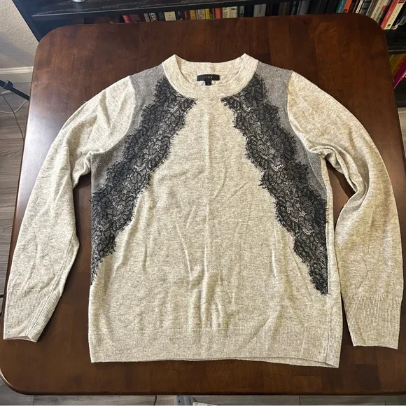 J. CREW Lace Wool Blend Crew Neck Sweater in Gray and Black SIZE Medium