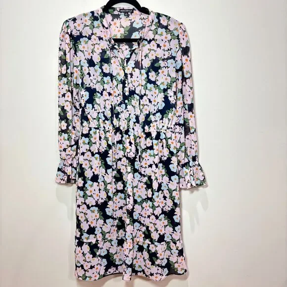 J Crew Black Pink Floral Dress S Long Sleeves A-line Romantic Career Office