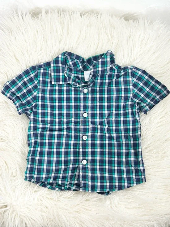 Gymboree Baby Boys Plaid Button Up Shirt Green Navy Blue Check 12-18 Months