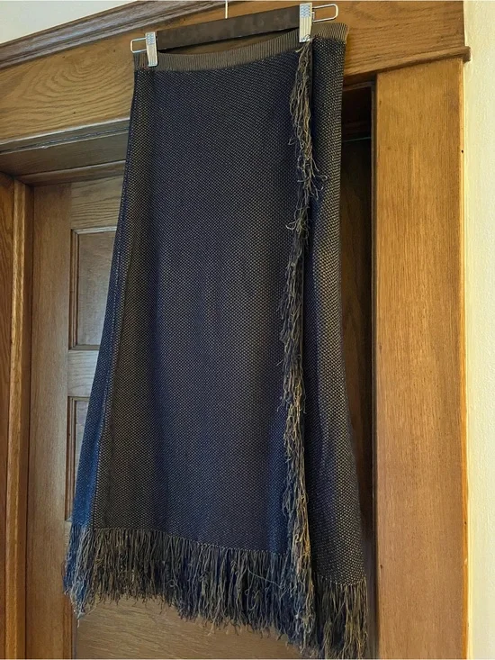 J. Crew Navy Knit Midi Skirt with Fringe Trim