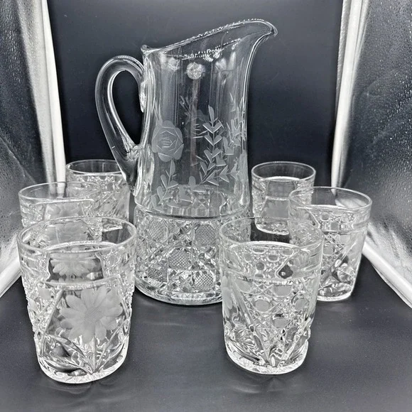 Vintage Etched Rose Cut Glass Pitcher and 6 Matching Floral Tumbler Glasses Set
