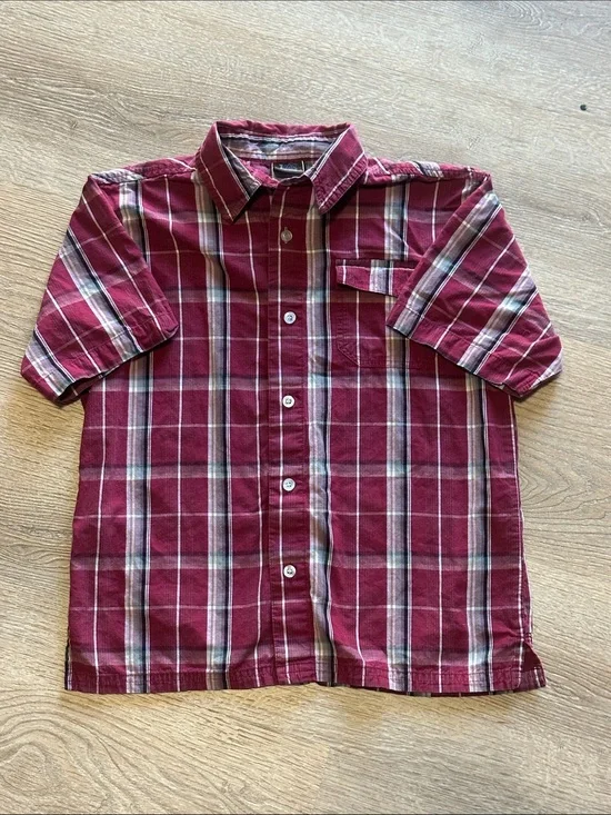 Zone One.Kids' Short-Sleeve Button-Up Plaid Shirt - Burgundy