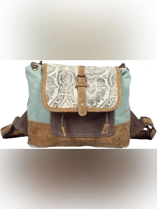 Myra Bag Solemn Boho Upcycle Brown Leather/ Green Canvas Backpack