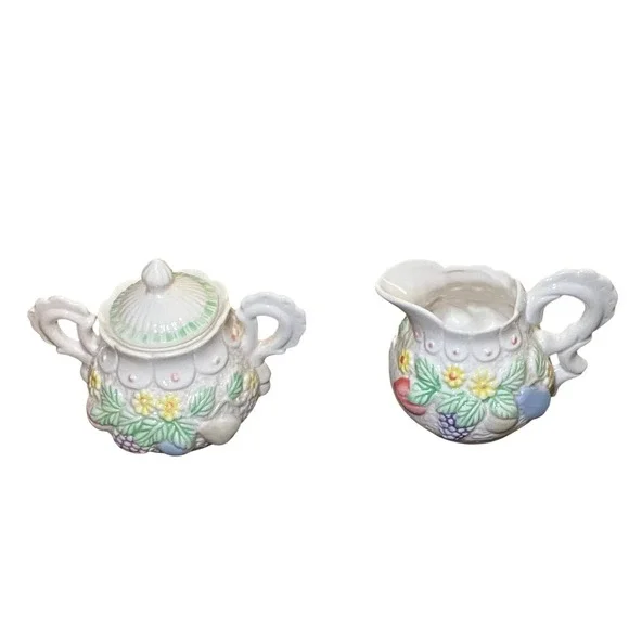 Sugar and Creamer Set White Excellent Fruit Floral Embossed Fruit Vintage