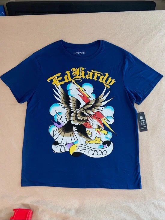 Ed Hardy Blue Short-Sleeve Tattoo Eagle Tee with Yellow Logo - Large