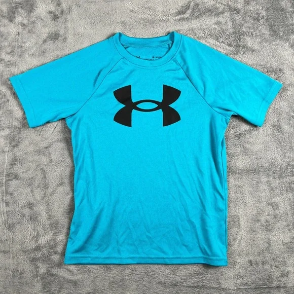 Under Armour Tech Shirt Youth Small Bright Blue Big Logo Loose Fit Performance