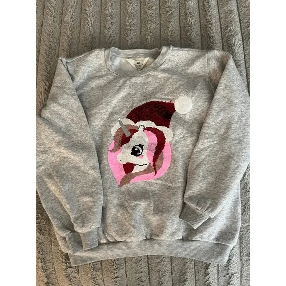 HM Kids Gray Sequin Unicorn Santa Hat Christmas Holiday Sweatshirt Size 8-10Y