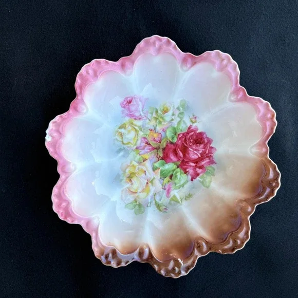 Antique Germany Hand Painted Floral Porcelain Bowl Pink Scalloped 9