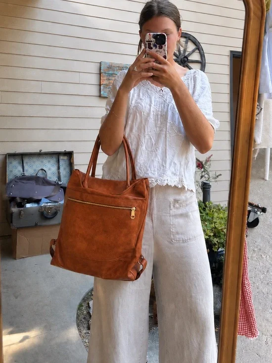 Modern+Chic Rustic Tan Vegan Leather Tote Bag with Front Zip Pocket NEW NO TAG