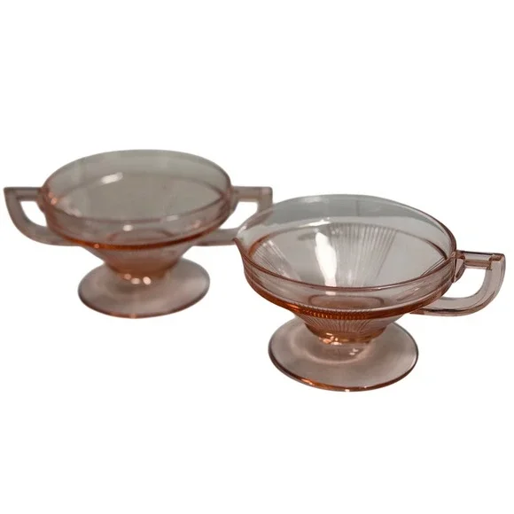 VTG Pink Depression‎ Glass Creamer and Sugar Bowl Set Ribbed Art Deco Tableware