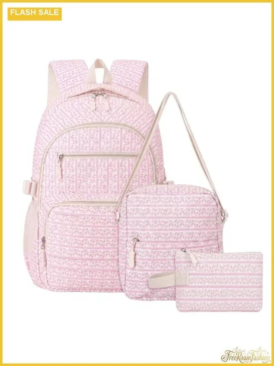 Vintage Floral Nylon Backpack Set with Crossbody Bag and Cosmetic Pouch