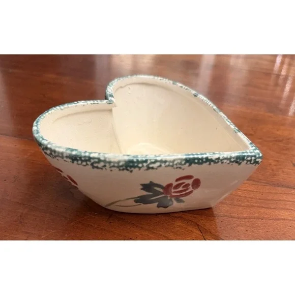 Vintage Chaparral Pottery USA Heart Shaped Dish Bowl Green Spongeware‎ Rose