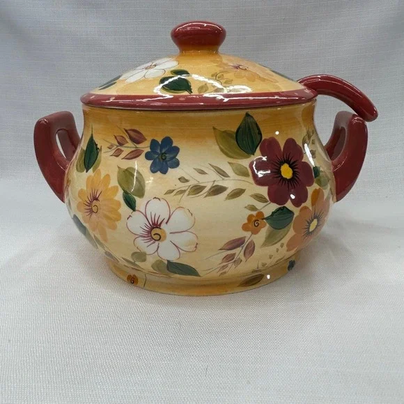 Oneida Sunset Bouquet Tureen Yellow Floral Hand Painted Ceramic Ladle Lid Rustic