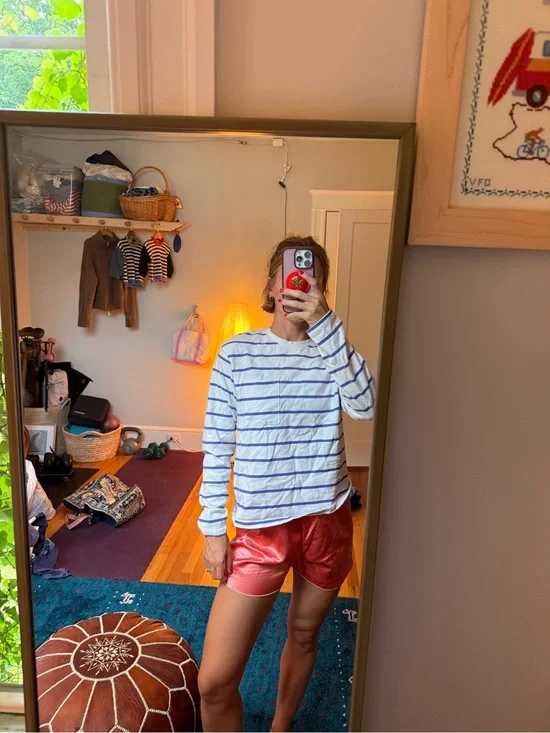 J. Crew White and Navy Striped Long-Sleeve Top with Coral Satin Athletic Shorts