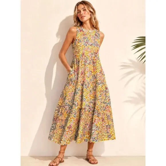 J.Crew Re-Imagined Floral Tiered Midi Dress Size 4 Cotton Stretch Sleeveless