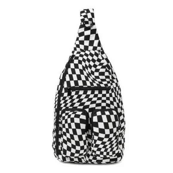 No Boundaries Cargo Sling Bag Womens OS Black NWT Checker Print Crossbody