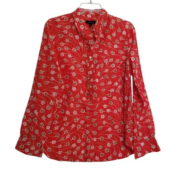 J. Crew Women's Red Floral Print Long Sleeve Button Down Blouse, Size 8