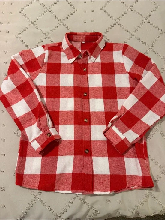 SHEIN Red & White Plaid Button-Down Shirt for Kids