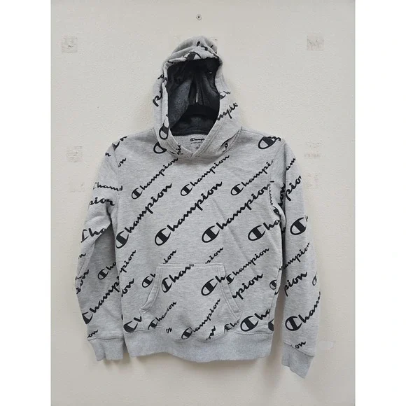 Champion Hoodie Youth Medium Sweatshirt Pullover Gray Black All Over Logo Print