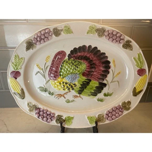 VTG Weiss Turkey Platter Hand Painted Brazil Ceramic Thanksgiving Platter 20in