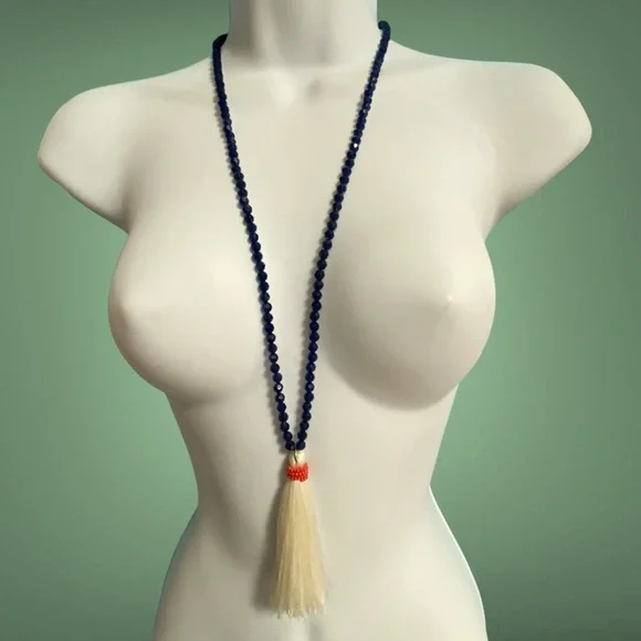 J.CREW Blue Acrylic Beads With White Tassel Pendant