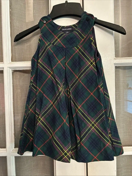 Ralph Lauren Girls' Navy Green Tartan Plaid Tank Dress Red & Yellow Accents 24 M