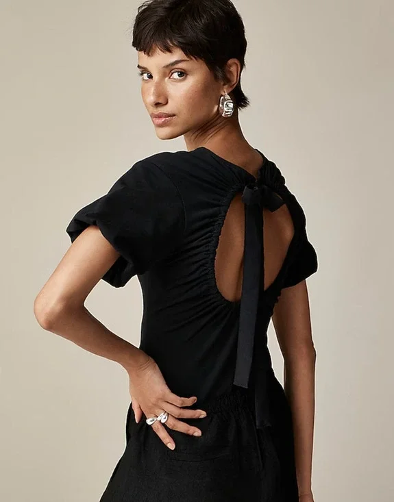 J.Crew Open Back Puff Sleeve Top Stretch Cotton Satin Bow Preppy XS NWT